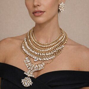 Gold Crystal Statement Bib Necklace & Earrings Set